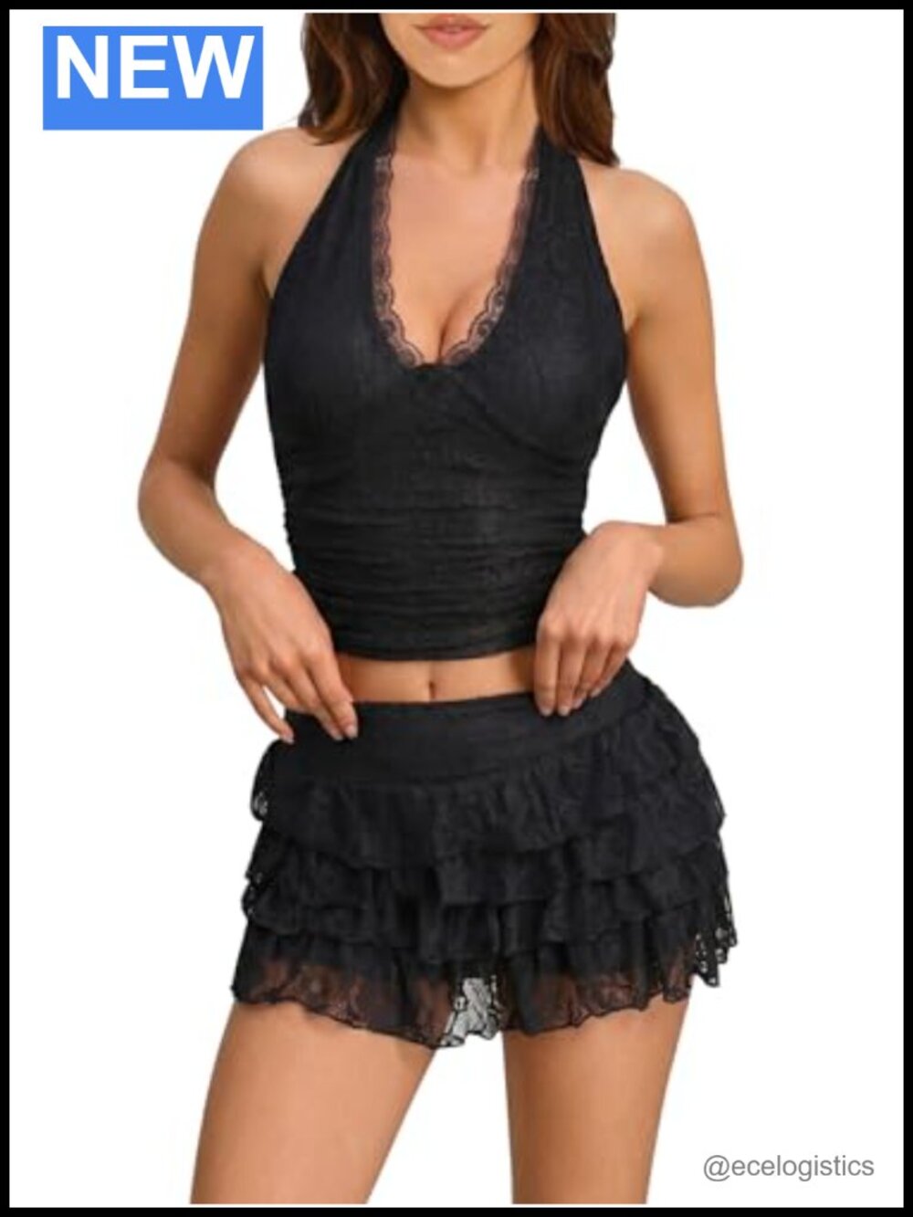 Women 2 Piece Halter Crop Top Ruffle Mini Skirt Set Sleeveless
